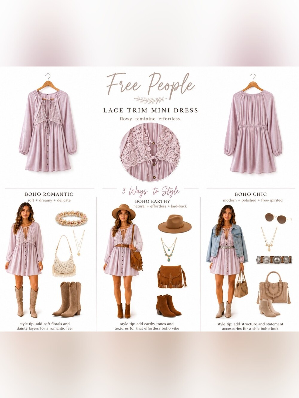Free People soft boho lavender mini dress with lace-trim bodice. Size SP - Picture 3 of 9